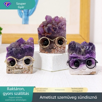 Természetes ametiszt-kristály fürt, sün alakú asztali dekoráció, aranyos kristályfigura