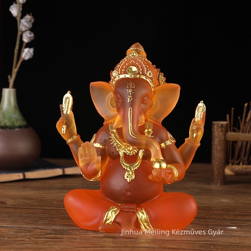 Gyanta Buddha szobor elefántistennel, Délkelet-ázsiai ihletésű dekoráció, thai víz-glazúrral befejezve