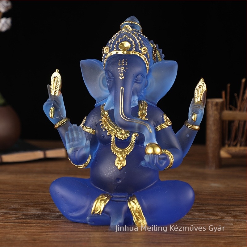 Gyanta Buddha szobor elefántistennel, Délkelet-ázsiai ihletésű dekoráció, thai víz-glazúrral befejezve