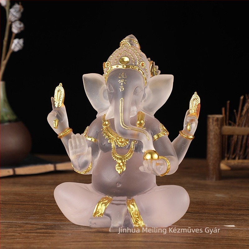 Gyanta Buddha szobor elefántistennel, Délkelet-ázsiai ihletésű dekoráció, thai víz-glazúrral befejezve