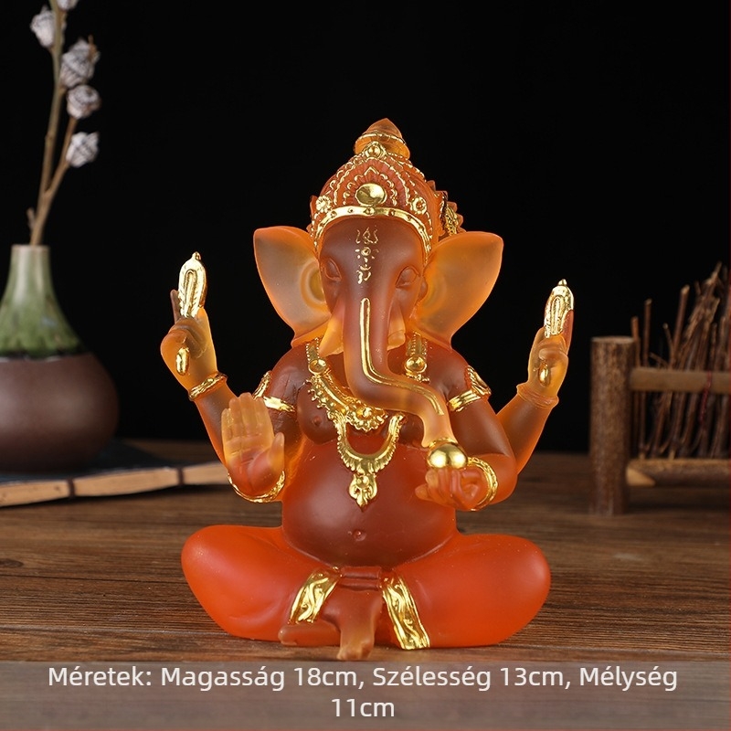 Gyanta Buddha szobor elefántistennel, Délkelet-ázsiai ihletésű dekoráció, thai víz-glazúrral befejezve