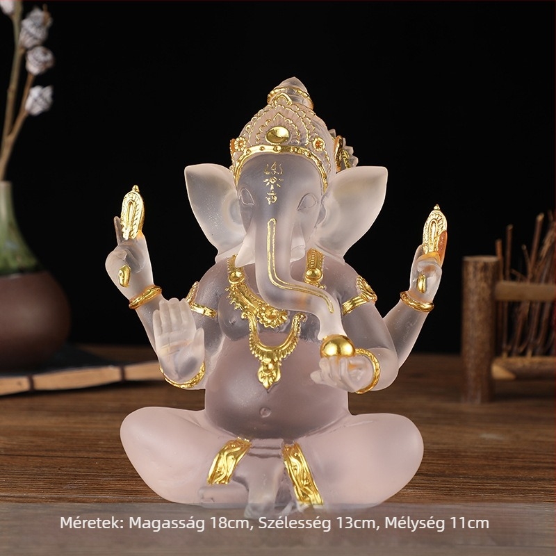 Gyanta Buddha szobor elefántistennel, Délkelet-ázsiai ihletésű dekoráció, thai víz-glazúrral befejezve