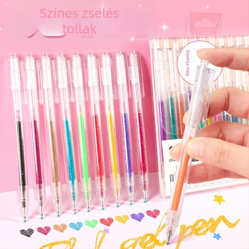 Kreatív nyomógombos glitter gél toll, 36 szín dobozos készlet, nagy kapacitás, sima 1,0 mm-es hegy, színes gyerek napló marker