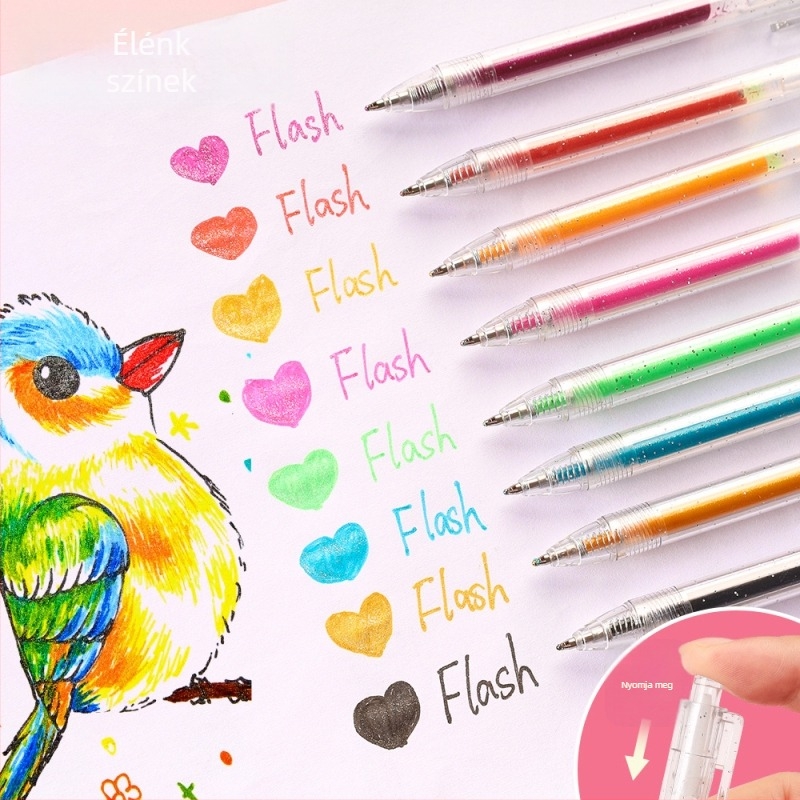 Kreatív nyomógombos glitter gél toll, 36 szín dobozos készlet, nagy kapacitás, sima 1,0 mm-es hegy, színes gyerek napló marker