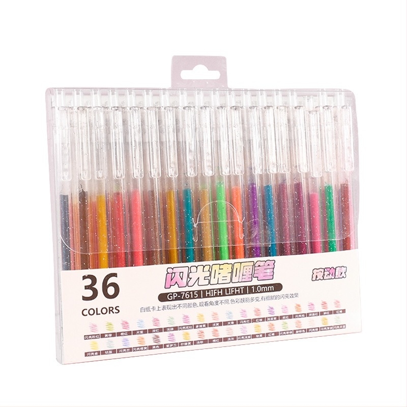 Kreatív nyomógombos glitter gél toll, 36 szín dobozos készlet, nagy kapacitás, sima 1,0 mm-es hegy, színes gyerek napló marker