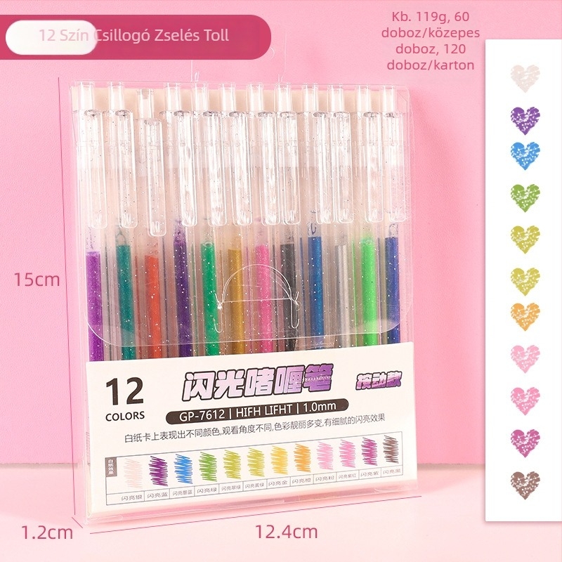 Kreatív nyomógombos glitter gél toll, 36 szín dobozos készlet, nagy kapacitás, sima 1,0 mm-es hegy, színes gyerek napló marker