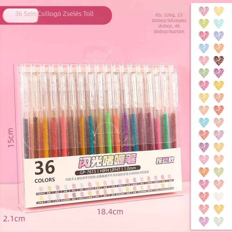 Kreatív nyomógombos glitter gél toll, 36 szín dobozos készlet, nagy kapacitás, sima 1,0 mm-es hegy, színes gyerek napló marker