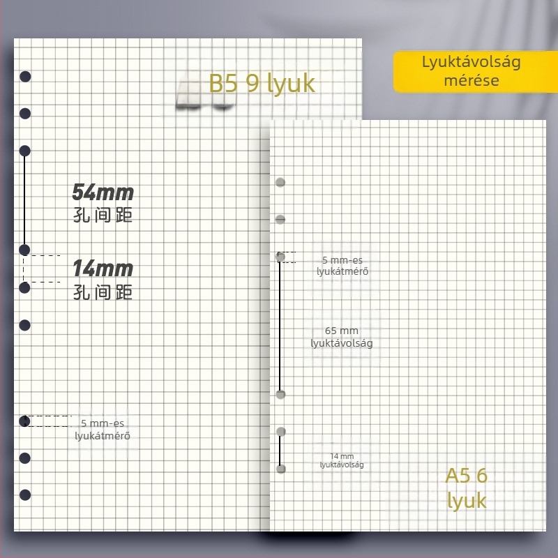 6/9‑lyukú, leválasztható belső oldalak B5 jegyzetfüzethez — A5 méretű belső oldalak, 60 oldal, vonalas, négyzetrácsos vagy üres