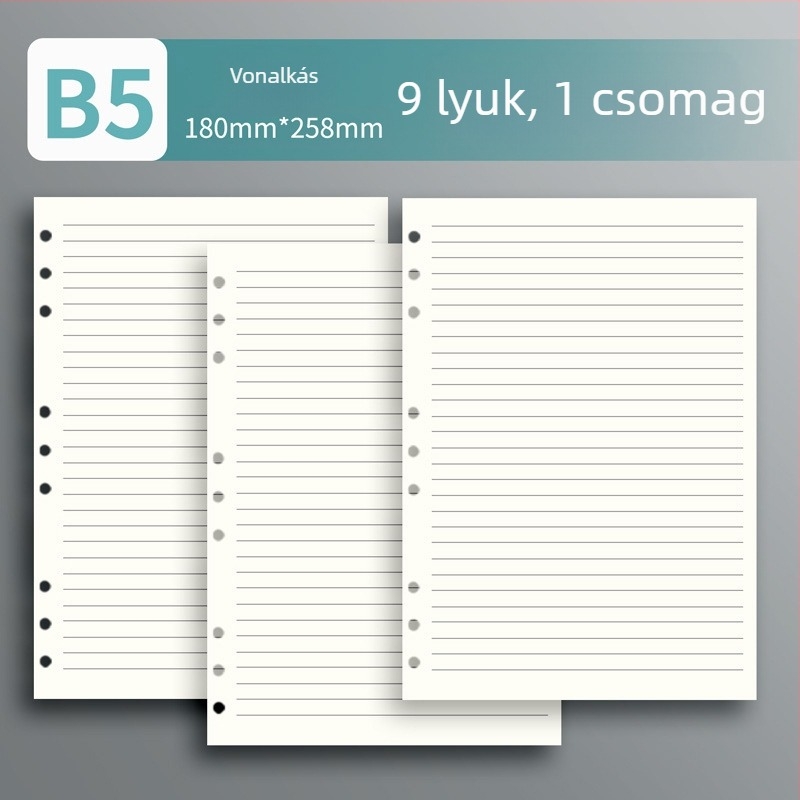 6/9‑lyukú, leválasztható belső oldalak B5 jegyzetfüzethez — A5 méretű belső oldalak, 60 oldal, vonalas, négyzetrácsos vagy üres