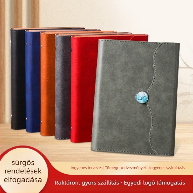 A5-ös csatos, egyszínű notesz, üzleti kiadás, báránybőr borítóval, 50–100 oldal