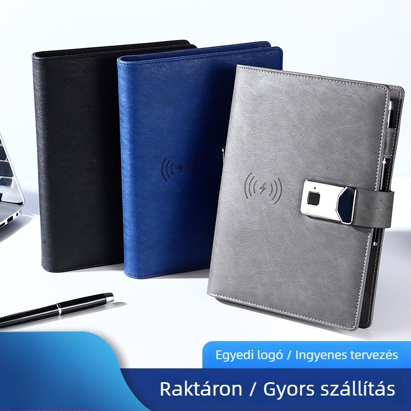 Ujjlenyomat-záras notesz beépített power bankkal és vezeték nélküli töltéssel — üzleti ajándékcsomag