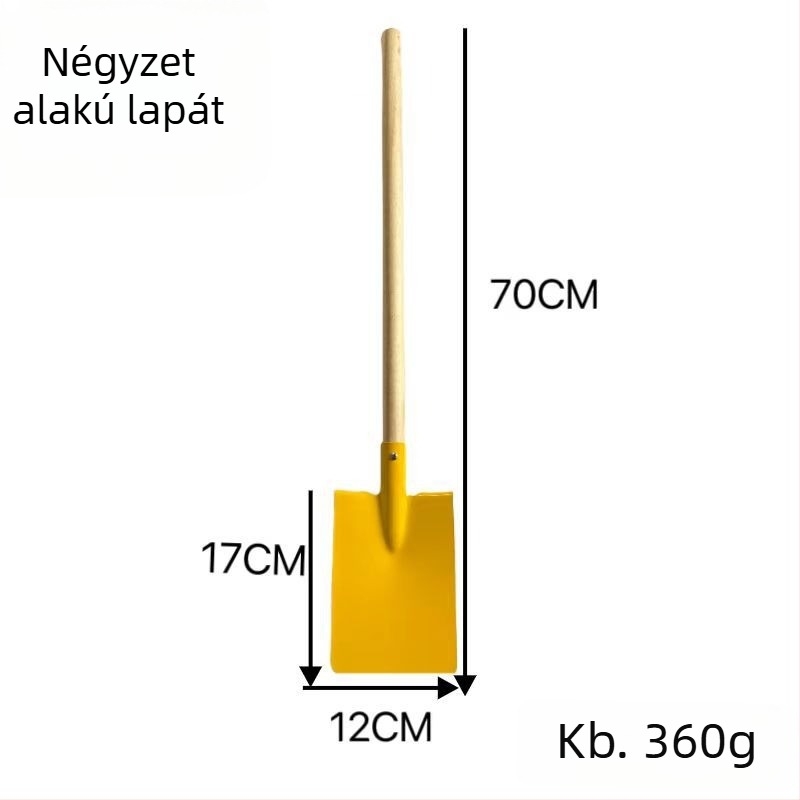 Gyerekeknek készült strand- és kerti játék készlet: hosszú nyeletű homokozó ásó, kerti eszközök, virágokhoz való kapa és ásó; fej vasból, fa nyél