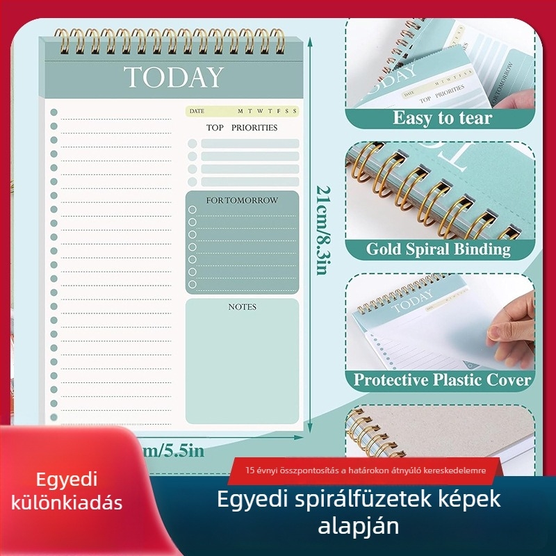 Személyre szabott spirálfüzet angol nyelvű ütemtervvel, időgazdálkodási oldalakkal és naplóval