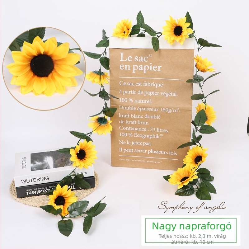 Mesterséges napraforgóág légkondicionálócső dekorációjához, selyem virágokkal, körülbelül 2 m hosszú
