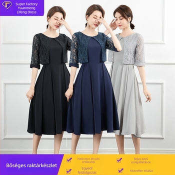 Európai stílusú estélyi ruha patchwork-csipével, midi hosszú, mindennapi viseletre alkalmas