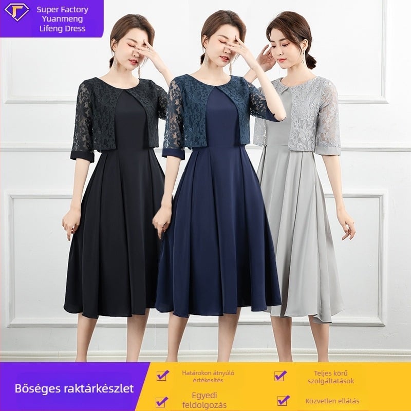 Európai stílusú estélyi ruha patchwork-csipével, midi hosszú, mindennapi viseletre alkalmas