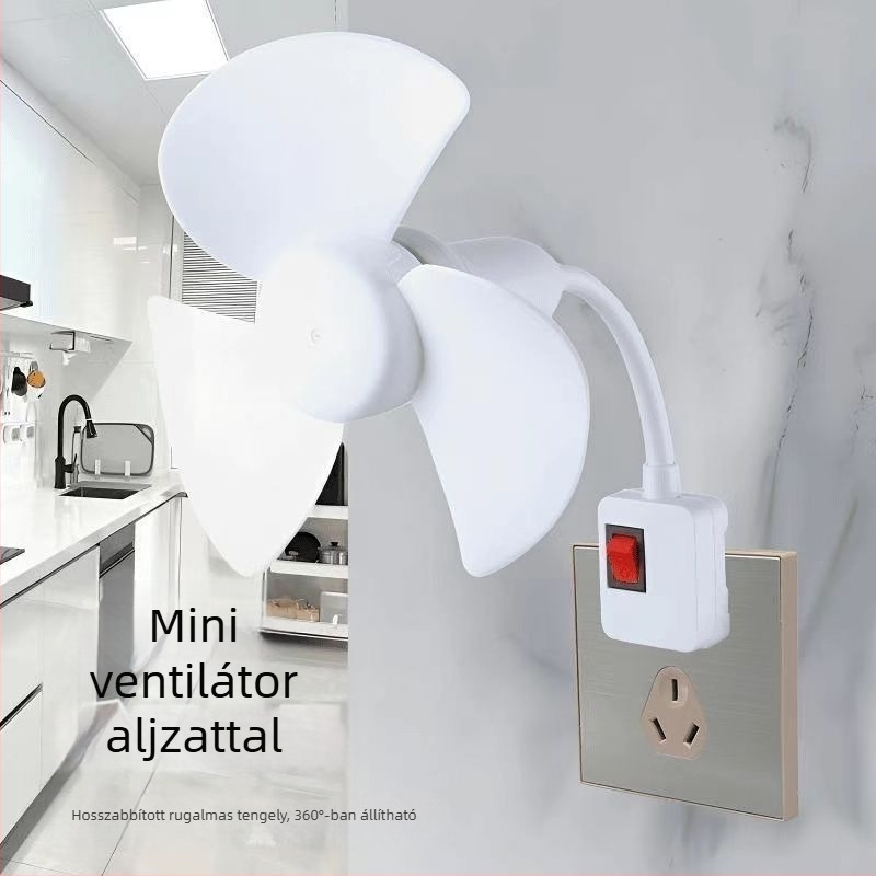 Otthonra és hálószobába szánt hordozható univerzális mini ventilátor integrált háromtűs dugvillával és védő burkolattal