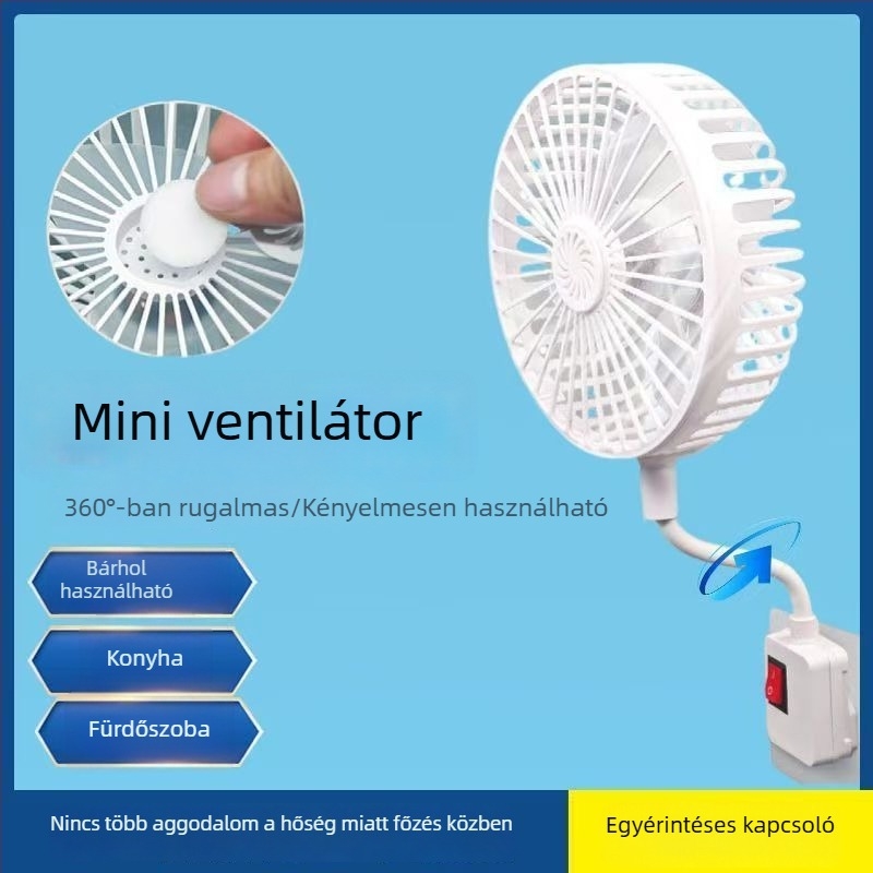 Otthonra és hálószobába szánt hordozható univerzális mini ventilátor integrált háromtűs dugvillával és védő burkolattal