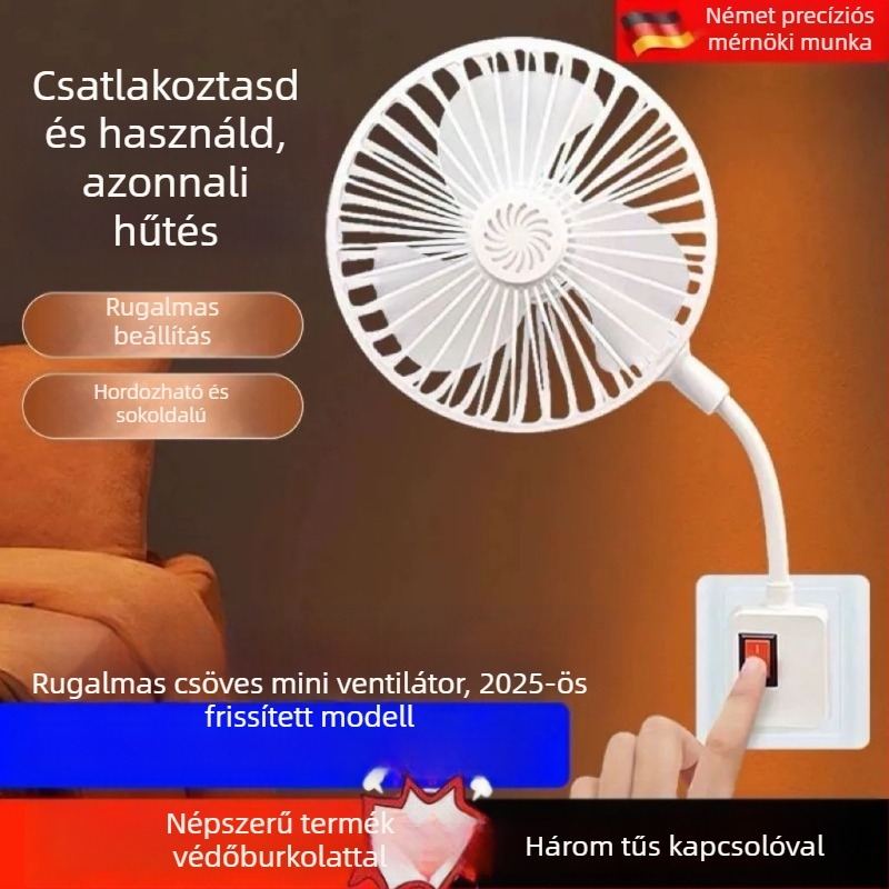 Otthonra és hálószobába szánt hordozható univerzális mini ventilátor integrált háromtűs dugvillával és védő burkolattal