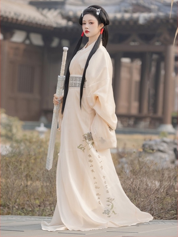 Hanfu ruha a Han-dinasztiából, ősi kínai kosztüm rekonstruált modell, hosszú, folyó ujjú és egyenes szabás, geometriai hímzés, poliészter, nyár