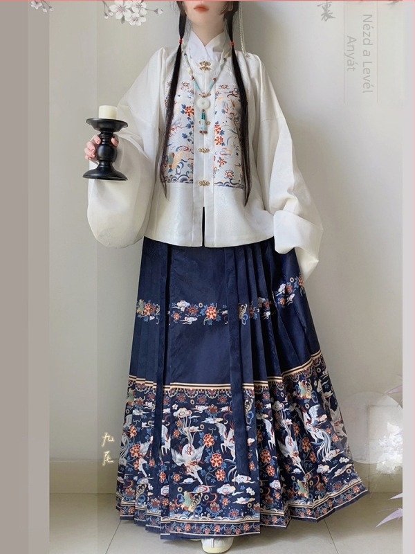 Ming-dinasztia Hanfu nőknek, jacquard ruha négyszögletes gallérral, patchwork, Pipa ujjak, lóarcú szoknya, hosszú ujjú, magas derék
