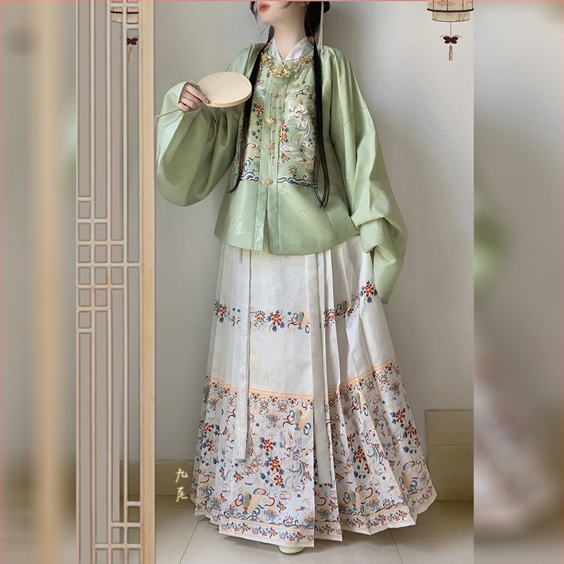Ming-dinasztia Hanfu nőknek, jacquard ruha négyszögletes gallérral, patchwork, Pipa ujjak, lóarcú szoknya, hosszú ujjú, magas derék