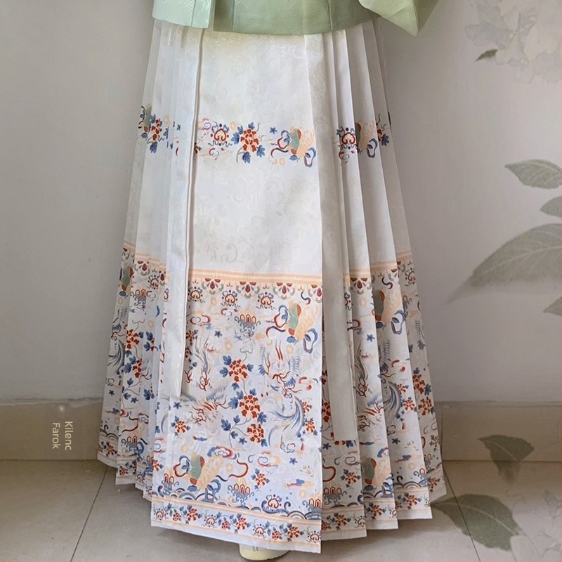 Ming-dinasztia Hanfu nőknek, jacquard ruha négyszögletes gallérral, patchwork, Pipa ujjak, lóarcú szoknya, hosszú ujjú, magas derék