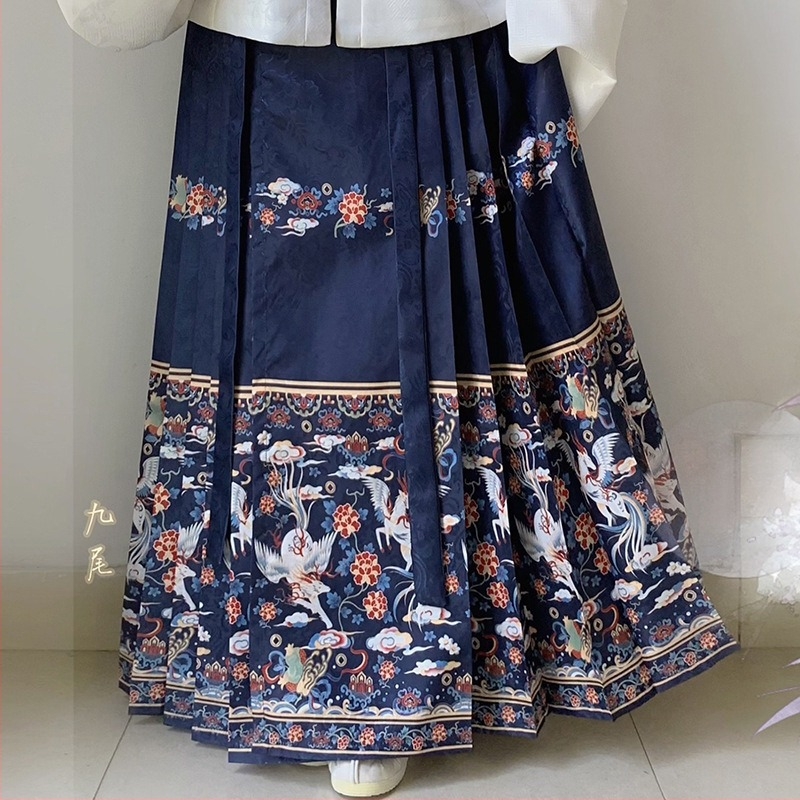 Ming-dinasztia Hanfu nőknek, jacquard ruha négyszögletes gallérral, patchwork, Pipa ujjak, lóarcú szoknya, hosszú ujjú, magas derék