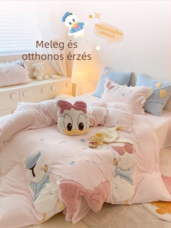Téli aranyos mesefilmfigura kislány hercegnő-stílusú tej-velúros négy darabos gyerek garnitúra paplanhuzat és lepedővel
