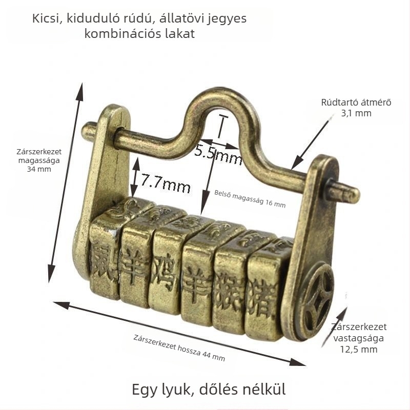 Betűk kombinációs zár – kínai stílusú antik zár, retro zár ékszerdobozhoz, vízszintes nyitás