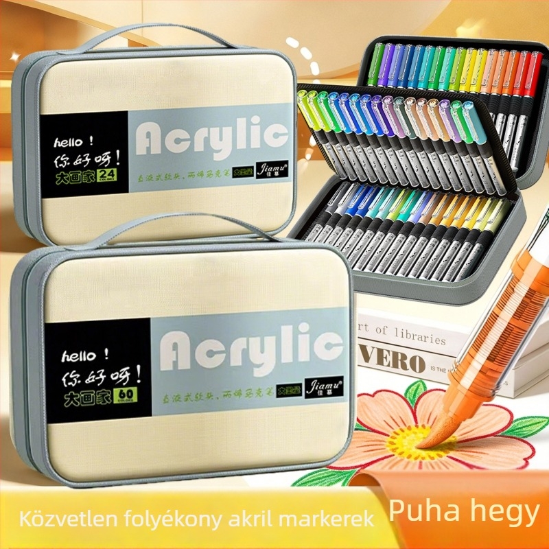 Puha végű, közvetlen folyadékos akril marker készlet tároló táskában, diákoknak, átlátszatlan színek, 80 szín, gyerekek művészete