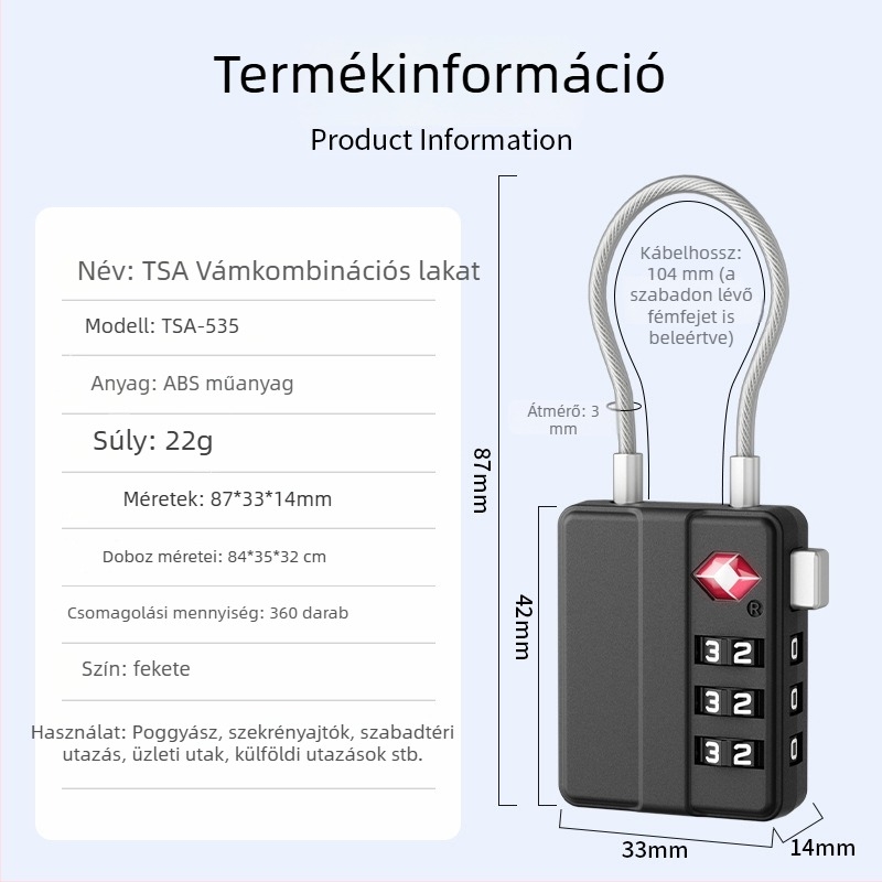 Új bőröndzár jelszavas zár acélkábel, ABS, TSA-jóváhagyott