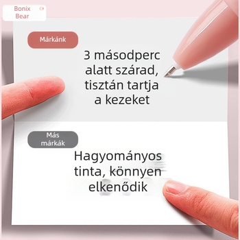 Fekete ecsetes végű golyóstoll, gyorsan száradó, sima tinta, nyomógombos működés, ST tipp, utántöltő