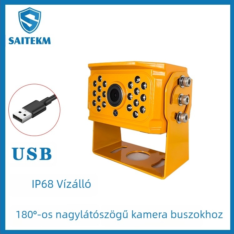 USB autóhátsó kamera, 180°-os széles látószög, vízálló, infravörös éjszakai látás, busz megfigyelés