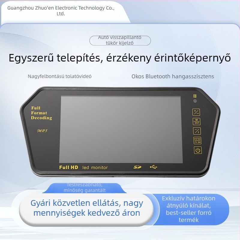 MP5 autós visszapillantó tükör HD kijelzővel, Bluetooth monitor és videólejátszó, tolató kép, 7 hüvelykes kijelző