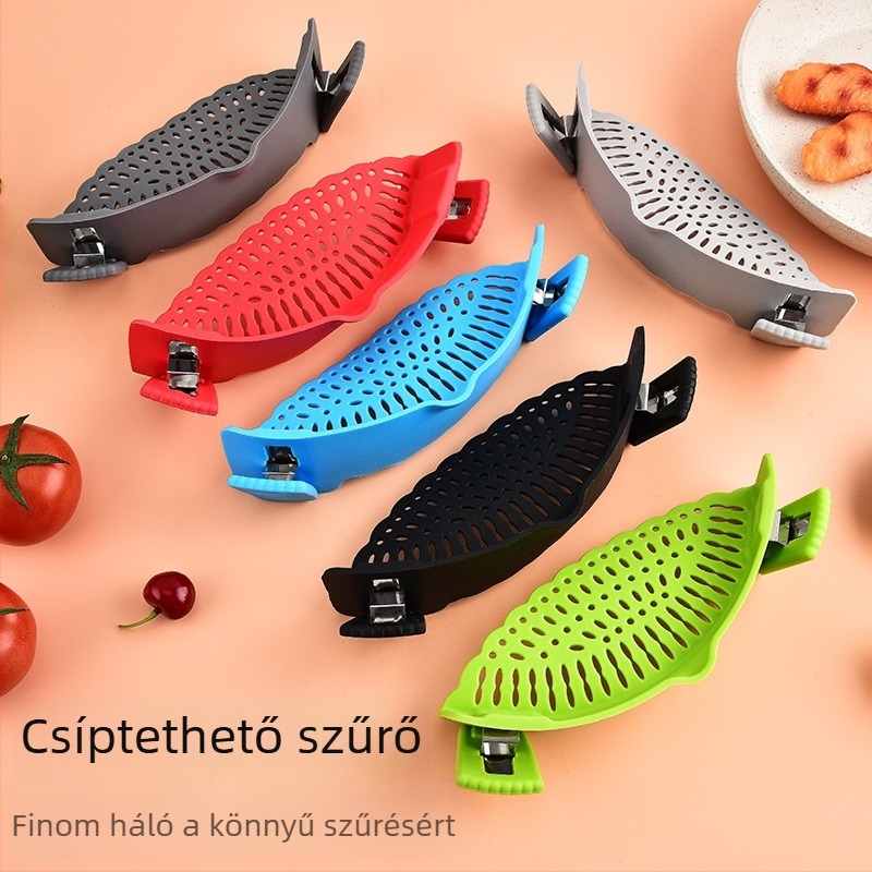 Silikon klipszes szűrő a fazék széléhez, zöldség- és tészta szűrő, fröccsenés elleni válaszfal