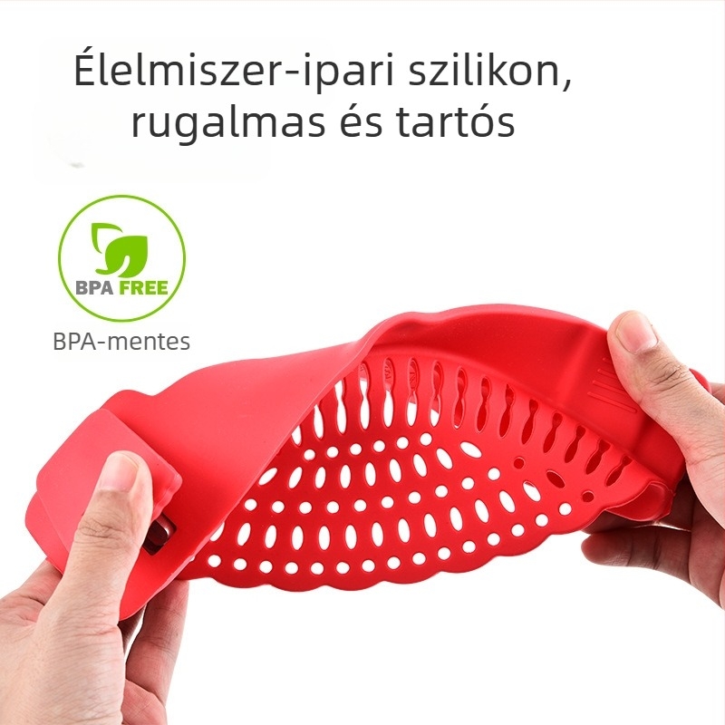 Silikon klipszes szűrő a fazék széléhez, zöldség- és tészta szűrő, fröccsenés elleni válaszfal