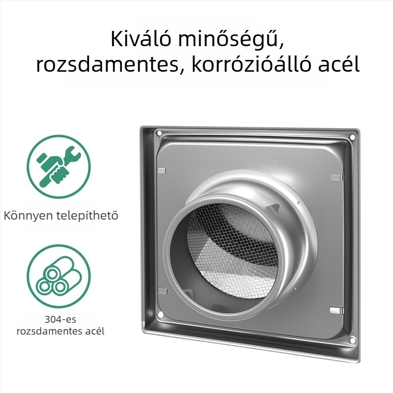 304 rozsdamentes acél szellőzőfedél külső falhoz, eső- és szélvédett kivitel, körkörös visszacsapó szelep