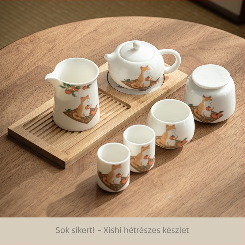 Porcelán Kung-Fu teás készlet emelő fogantyúval, aranyos narancssárga macska mintával, teáskanna és két csésze két személyre