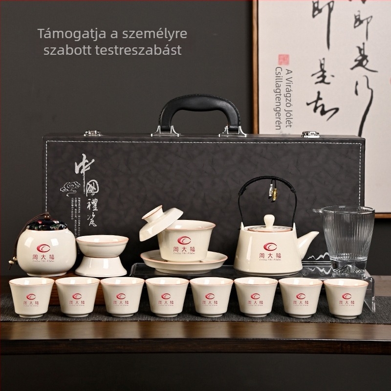 Japán stílusú Gong Fu teáskészlet porcelánból — teáskanna emelhető fogantyúval, teáscsészék és fedeles tál ajándékdobozban