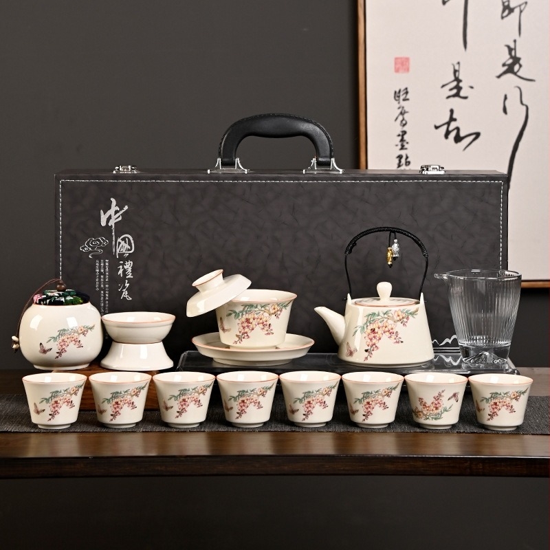 Japán stílusú Gong Fu teáskészlet porcelánból — teáskanna emelhető fogantyúval, teáscsészék és fedeles tál ajándékdobozban