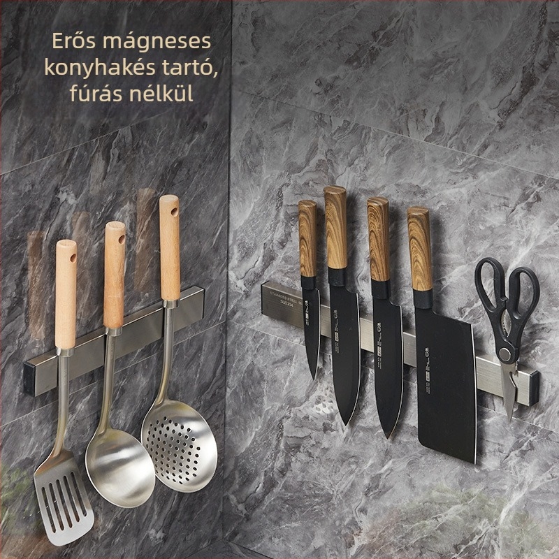 Rozsdamentes acél mágneses késrögzítő, konyha falra szerelhető, fúrás nélkül, erős magnet, 304