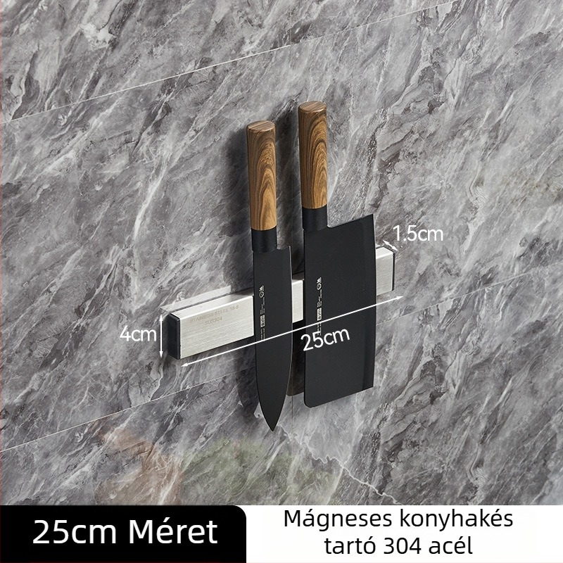 Rozsdamentes acél mágneses késrögzítő, konyha falra szerelhető, fúrás nélkül, erős magnet, 304