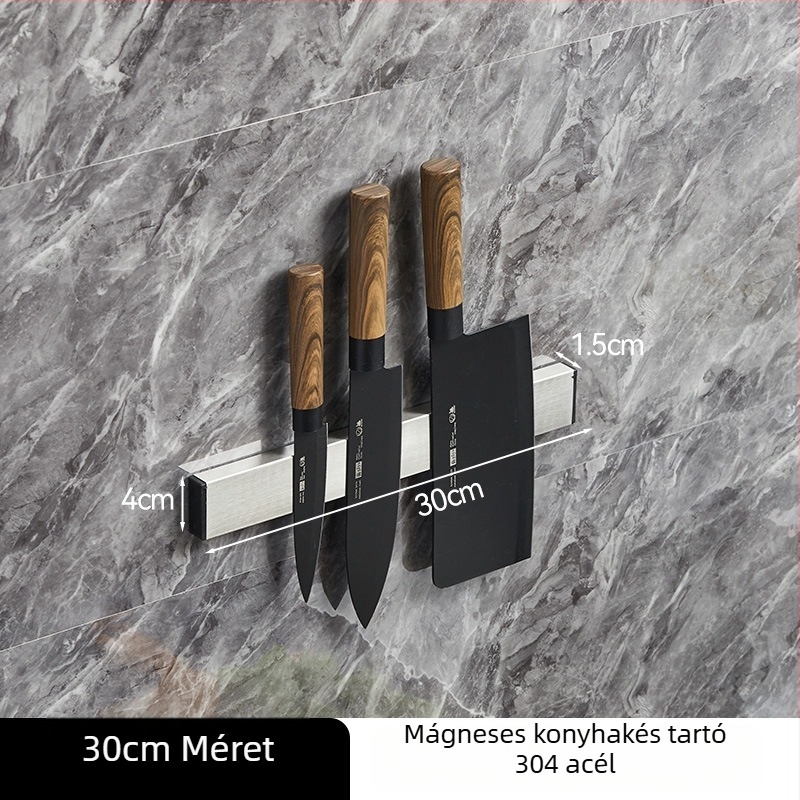 Rozsdamentes acél mágneses késrögzítő, konyha falra szerelhető, fúrás nélkül, erős magnet, 304