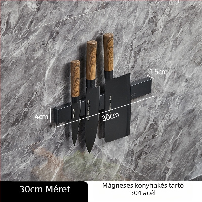 Rozsdamentes acél mágneses késrögzítő, konyha falra szerelhető, fúrás nélkül, erős magnet, 304