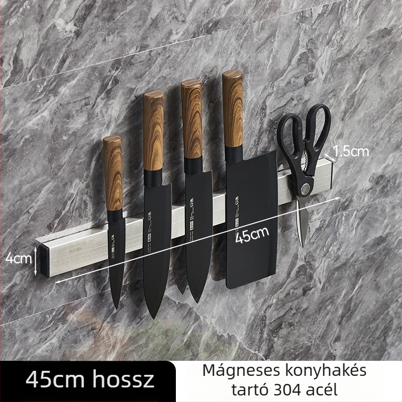 Rozsdamentes acél mágneses késrögzítő, konyha falra szerelhető, fúrás nélkül, erős magnet, 304