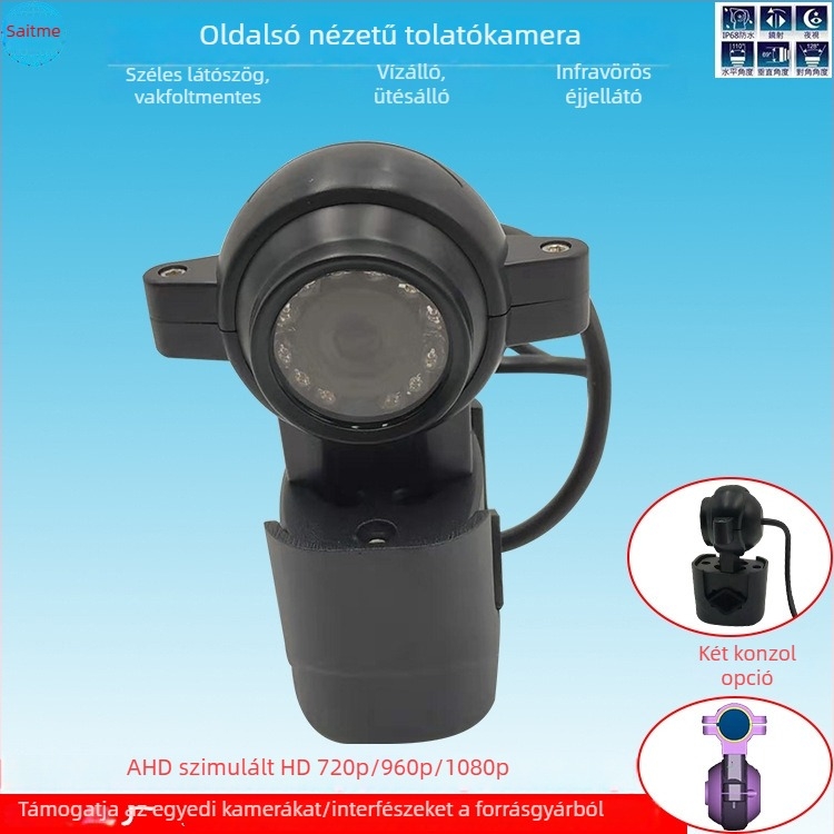 Járműre szerelt oldalsó nézet kamera, széles látószög, vízálló, 12–24V, HD visszafelé monitor