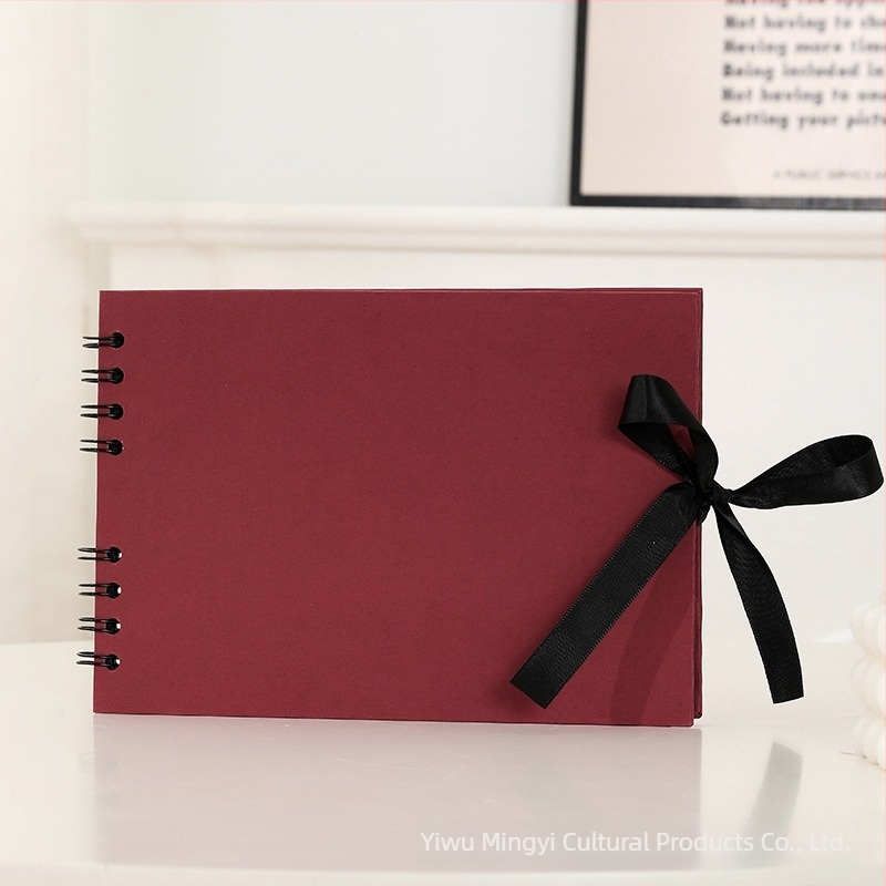 A5-ös fotóalbum fekete kartonból, spirálkötéssel, DIY masni-szalag scrapbook, 30 belső oldal