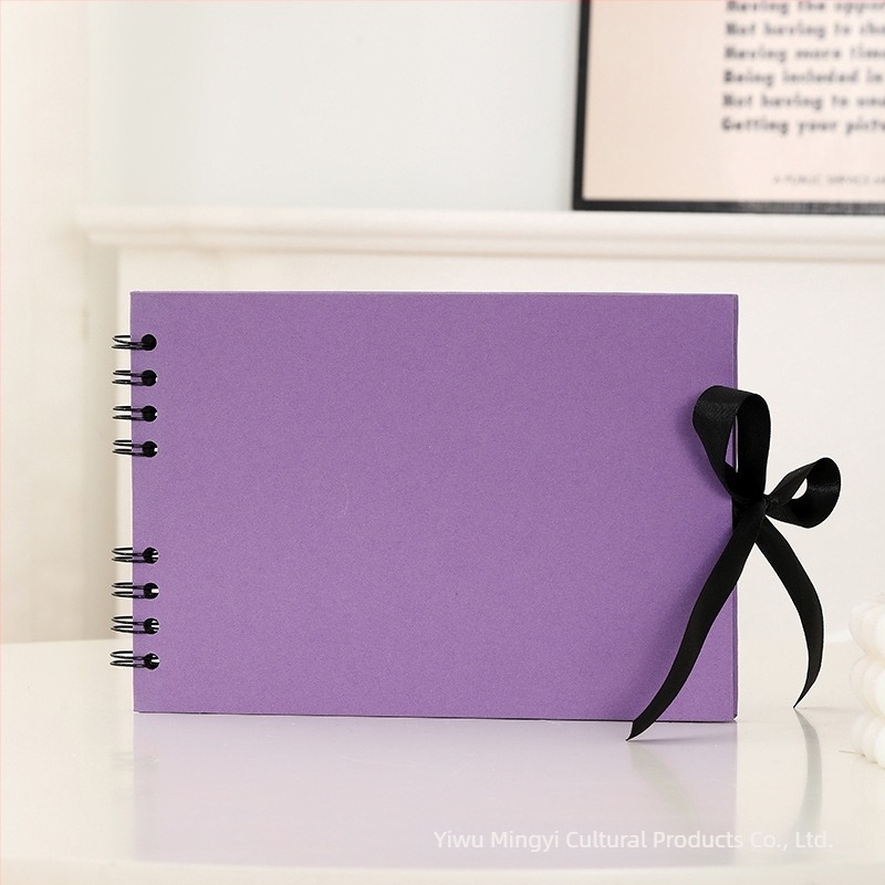 A5-ös fotóalbum fekete kartonból, spirálkötéssel, DIY masni-szalag scrapbook, 30 belső oldal