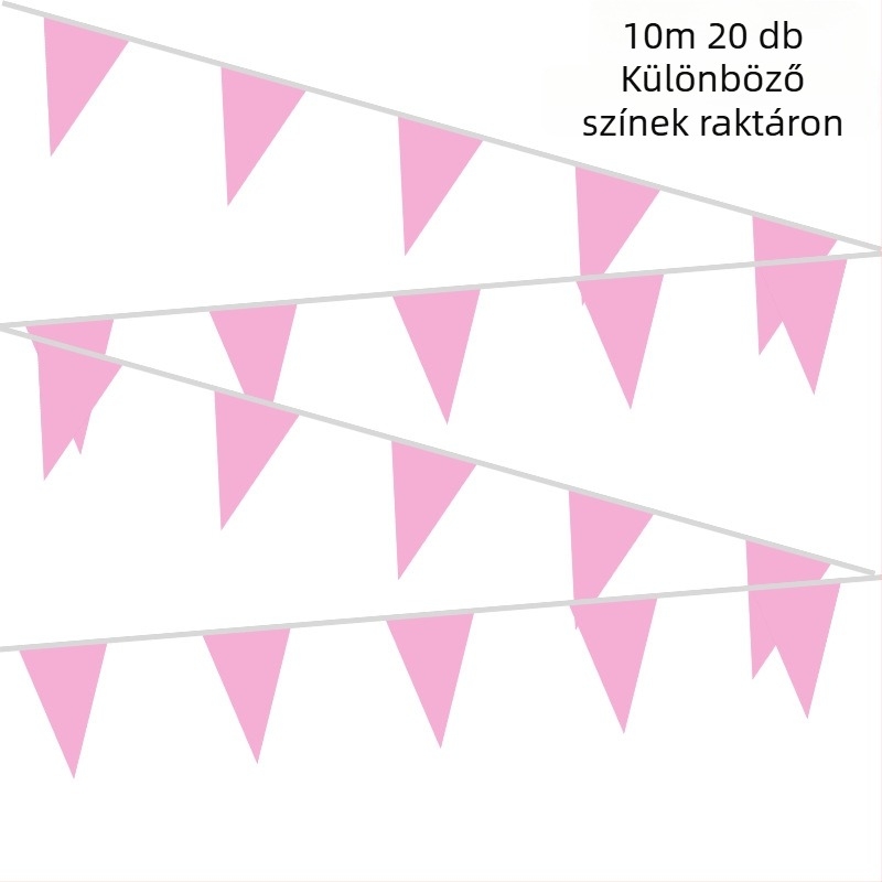 Születésnapi dekoráció: műanyag háromszög zászlók szálon, öt színű zászlók